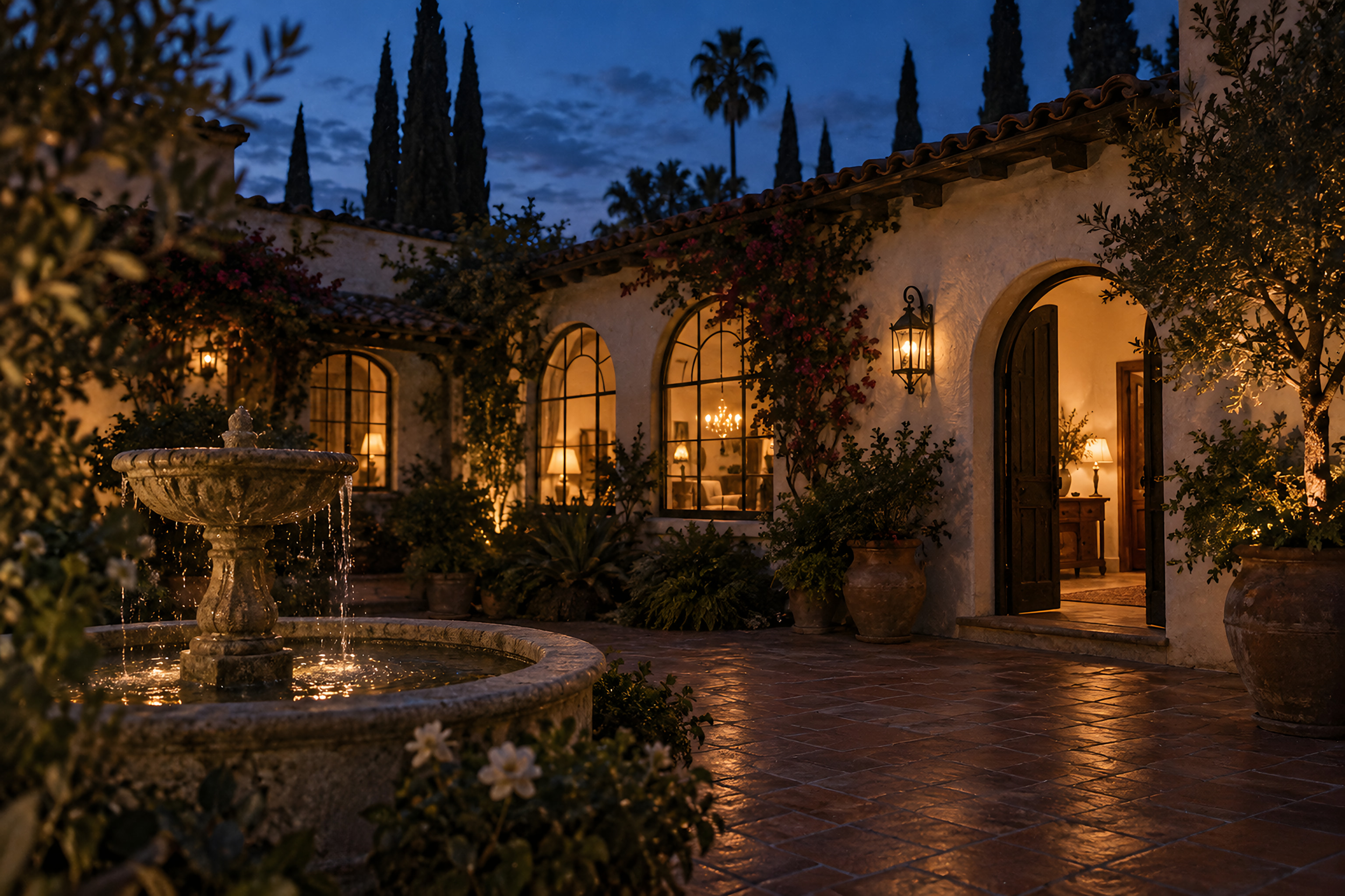 A Los Angeles courtyard at dusk, lamps on inside