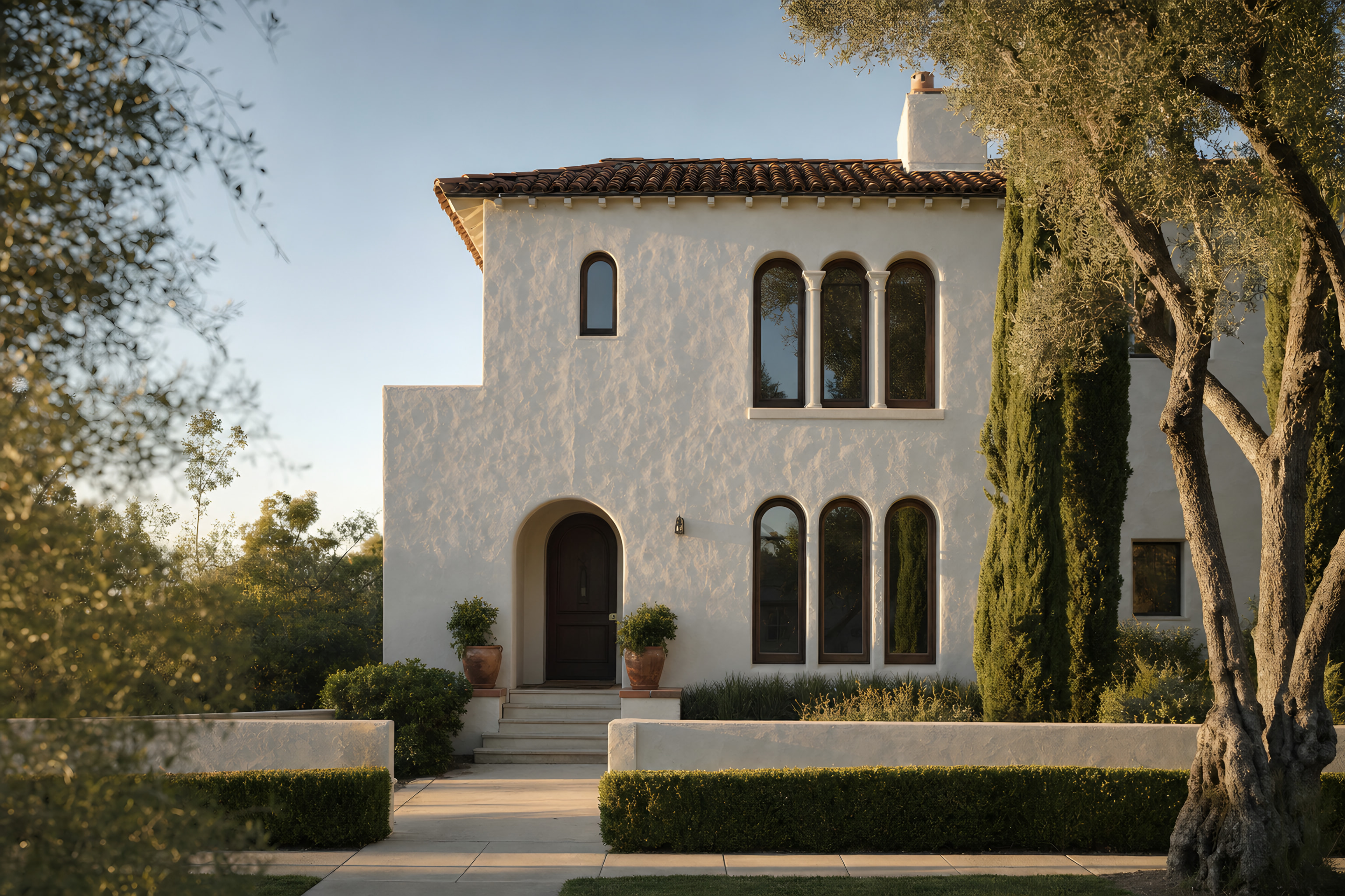 The front of a Spanish Colonial home in late afternoon light
